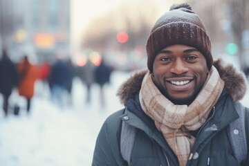 A joyful black man, wrapped in a warm winter hat and scarf, beams with a bright smile against a snowy forest backdrop, embodying the wintry spirit. Generative AI.