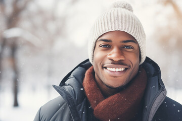 A joyful black man, wrapped in a warm winter hat and scarf, beams with a bright smile against a snowy forest backdrop, embodying the wintry spirit. Generative AI.