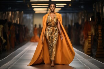 black model walking the runway at a modern african fashion show - obrazy, fototapety, plakaty