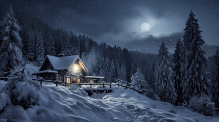 Fototapeta premium Magical Winter Wonderland in the Mountains Snowfall Christmas Time and Advent in the Evening and in the Morning Calm and Bright Wallpaper Background Cover Poster Greetings Card Digital Art