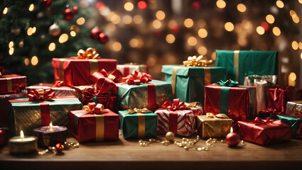 An abstract depiction of a table filled with holiday gifts being wrapped, surrounded by bokeh lights, exuding a joyful and festive mood.
