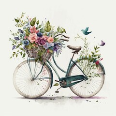 Retro bicycle with flowers in the basket on white background, watercolor style. Generative Ai