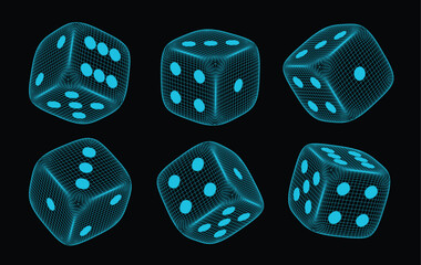 3d cube for Casino board games. Dice icon in wireframe of grid. Games cube in flight close up different combinations, isolated on black background. Vector illustration.