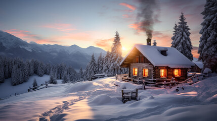 Magical Winter Wonderland in the Mountains Snowfall Christmas Time and Advent in the Evening and in...