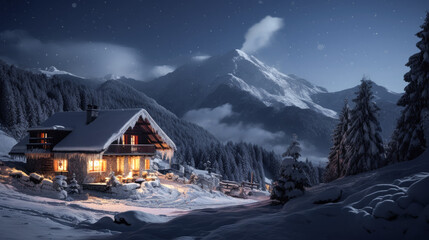 Fototapeta premium Magical Winter Wonderland in the Mountains Snowfall Christmas Time and Advent in the Evening and in the Morning Calm and Bright Wallpaper Background Cover Poster Greetings Card Digital Art