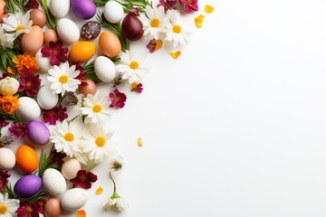 Easter composition with painted eggs and spring flowers.