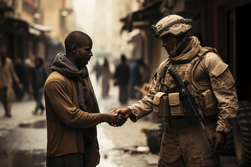minimalist photo of soldiers engaging with the local community, offering support and building relationships, photo