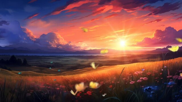 Nature at sunset, butterflies flying over flower field with mountain view at sunset. Cartoon or anime illustration style. Seamless looping time lapse video animation background. Generated with AI