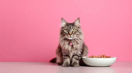 tabby cat with a bowl of food on pink background