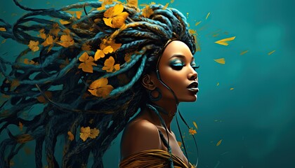 painting style illustration of pretty African woman deadlock hairstyle in wind blow, mysterious confident fashion portrait artistic design, Generative Ai - obrazy, fototapety, plakaty