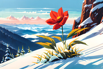 A small flower blooming on a snowy mountain. Generative AI