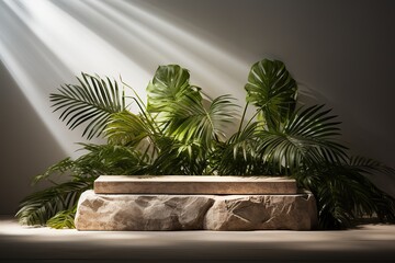 Stone podium with tropical palm leaves for product presentation.