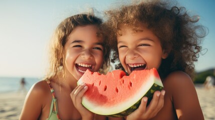 Portrait of two young girls enjoying a watermelon and laughing together. - Powered by Adobe