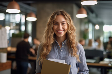 Young blonde girl in her office, working day with energy and exceeding goals