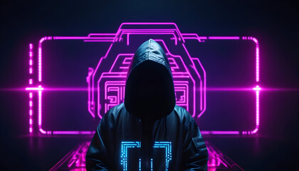 Cyber security,  network of data protection technology, Neon lighting. Generative AI