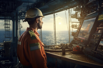 Oil rig worker observing oil Platform - 687466682
