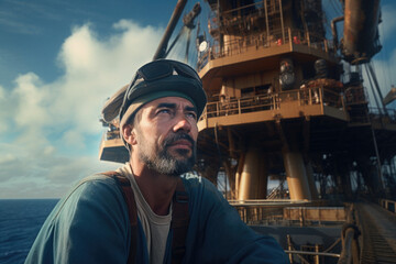Oil rig worker observing oil Platform - 687466693