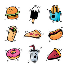 Fast food icons set - burger, French fries, paper cup with drink, ice cream, pizza, pie, hot dog, kebab, donut. Sketch of snacks. Fast food doodles. Fast food collection. Colorful street food.