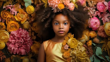 African young girl wearing flower crown in blossom flowers, spring and summer theme optimistic refreshing kid fashion vibe, Generative Ai - obrazy, fototapety, plakaty