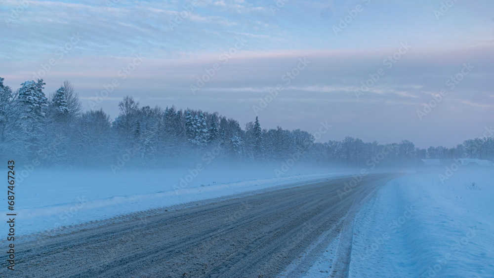 Wall mural beautiful winter landscape, blue hour, dusk