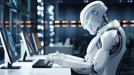 Futuristic Robot Working at Computer Desk