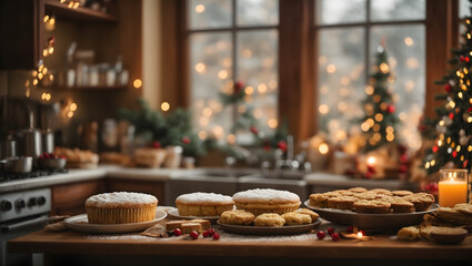 An abstract scene featuring a cozy kitchen filled with holiday baking activities, adorned with bokeh lights that add warmth and festivity to the atmosphere.