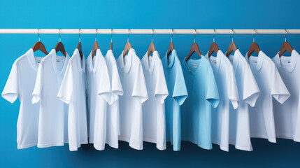 clean white clothes hanging on a hanger, clothing store, laundry, dry cleaning, shirt, cotton, blue background, style, fashion, showcase, sewing workshop, design, light industry