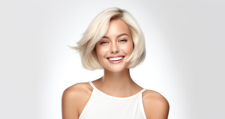 Portrait of young happy woman with blond bob hairstyle. Skin care beauty, skincare cosmetics, dental concept, isolated over white background.