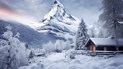 Magical Winter Wonderland in the Mountains Snowfall Christmas Time and Advent in the Evening and in the Morning Calm and Bright Wallpaper Background Cover Poster Greetings Card Digital Art