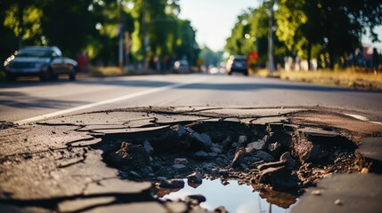 Pothole on the road. Damaged asphalt surface. Hole in a tarmac. Generative AI