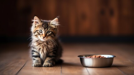 Tabby Kitten Next to a Bowl of Food
