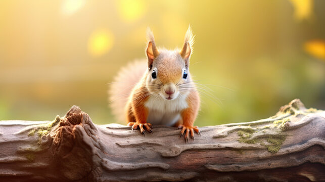 a red squirrel in the forest is standing on a log