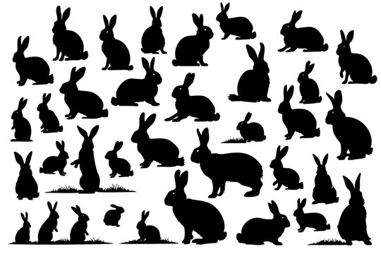 Collection of different silhouettes of black Easter bunnies