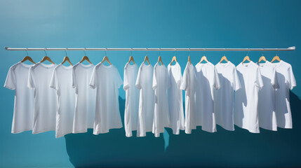 clean white clothes hanging on a hanger, clothing store, laundry, dry cleaning, shirt, cotton, blue background, style, fashion, showcase, sewing workshop, design, light industry