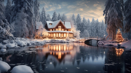 Fototapeta premium Magical Winter Wonderland in the Mountains Snowfall Christmas Time and Advent in the Evening and in the Morning Calm and Bright Wallpaper Background Cover Poster Greetings Card Digital Art