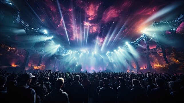 Epic Music Concert. Massive Crowd Dancing in Front of Stage with Spectacular Lights and Fireworks at Arena Stadium