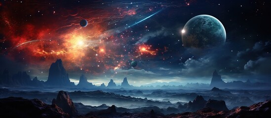 Cosmic Landscape with Distant Planets and Nebulae