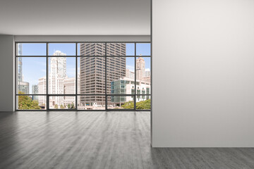 Fototapeta premium Downtown Chicago City Skyline Buildings Window background. Copy space white wall. Empty room Interior Skyscrapers View. Mockup concept. Day time. 3d rendering.