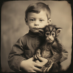 Vintage 1940s Photo: Adorable Boy with Baby Monkey-Tiger Hybrid - Nostalgic Animal Friendship