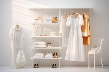 Fototapeta na wymiar open white wardrobe with clothes hanging on the shelves