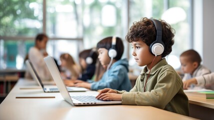 Diverse group of children sitting for learning computer at school classroom.