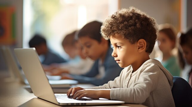 Diverse group of children sitting for learning computer at school classroom.