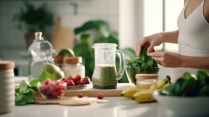 Healthy woman blending spinach, berries, bananas and almond milk to make a healthy green smoothie on kitchen.
