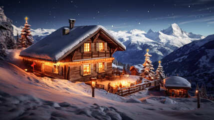 Naklejka premium Magical Winter Wonderland in the Mountains Snowfall Christmas Time and Advent in the Evening and in the Morning Calm and Bright Wallpaper Background Cover Poster Greetings Card Digital Art