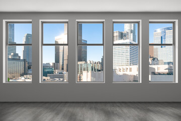 Downtown Los Angeles City Skyline Buildings from High Rise Window. Beautiful Expensive Real Estate overlooking. Epmty room Interior Skyscrapers View Cityscape. Day time. California. 3d rendering. - obrazy, fototapety, plakaty