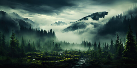 Misty mountain landscape with fir forest in vintage retro style. Generative AI