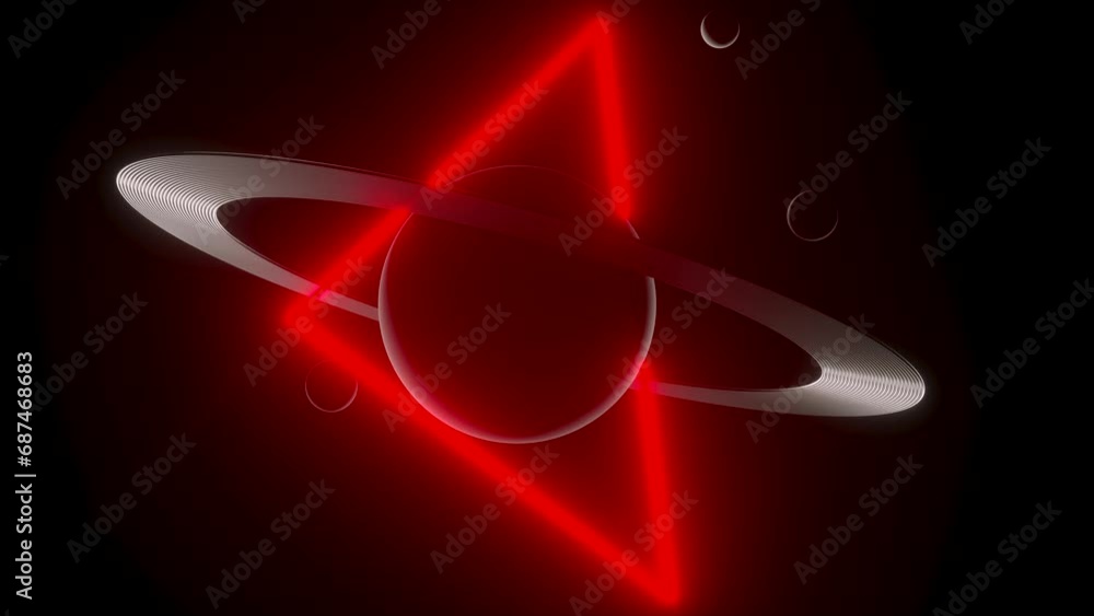 Poster red triangle shaped light surrounding saturn in dark space. 3d animation loop