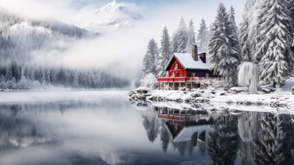 Fototapeta premium Magical Winter Wonderland in the Mountains Snowfall Christmas Time and Advent in the Evening and in the Morning Calm and Bright Wallpaper Background Cover Poster Greetings Card Digital Art