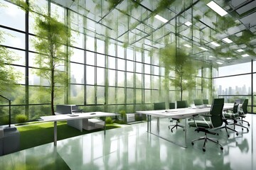 glass office with eco-friendly design, featuring trees and green environment for suntainable building-