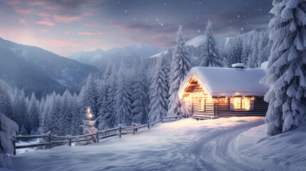 Naklejka premium Magical Winter Wonderland in the Mountains Snowfall Christmas Time and Advent in the Evening and in the Morning Calm and Bright Wallpaper Background Cover Poster Greetings Card Digital Art